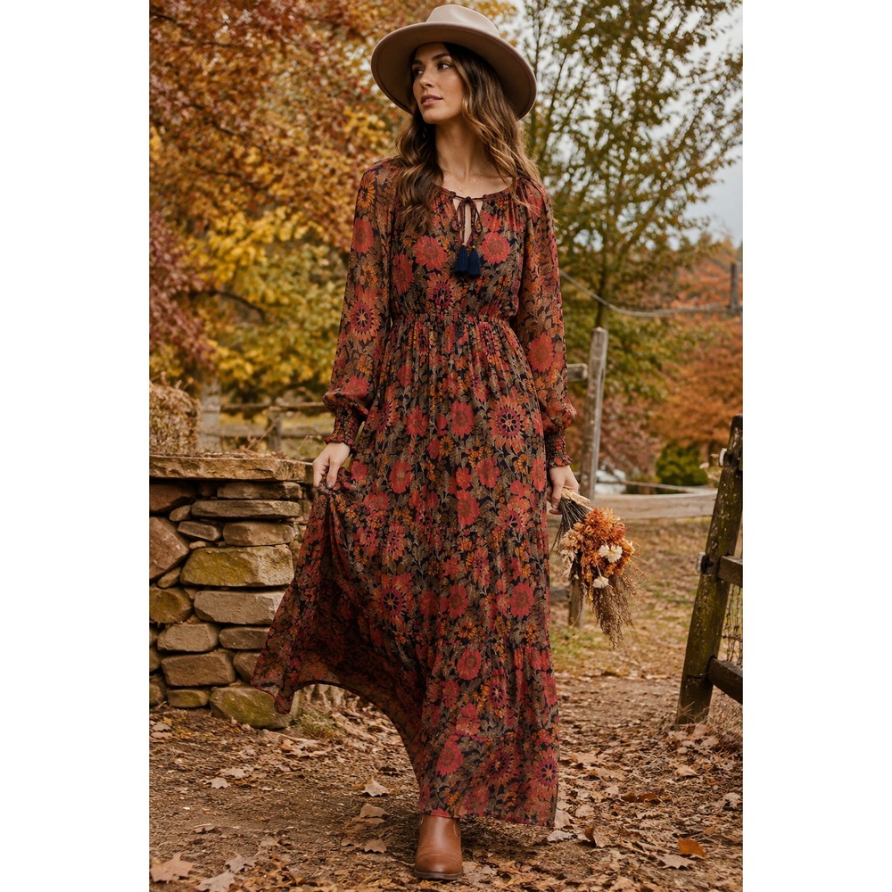 Anthropologie Blossom Cotton Maxi Dress Women's XL  Tiered Floral Ruched Dress
